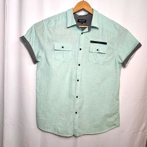 Eighty Eight Platinum Button Up Men's XL Green Short Sleeve Shirt, 100% cotton